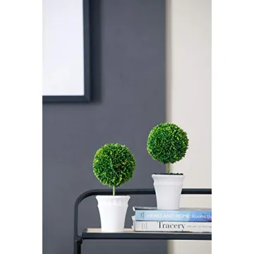 A&B Home 9" Artificial Plants Artificial Boxwood Topiary Tree Artificial Ball Shaped Tree w/White Pulp Pot for Home Décor Indoor Faux Tabletop Plant Set of 2