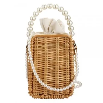 Rattan Bag, Summer Tote Bag, Beach Bag Purse for Women, Top Handle Handbag, Pearl Purse