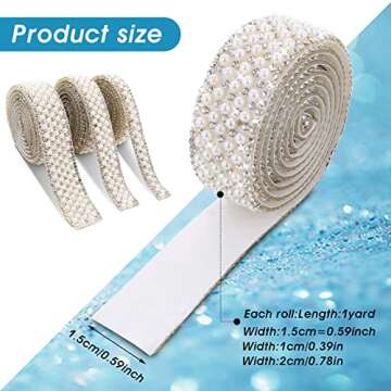 DSLSQD 3 Rolls Pearl Ribbon Self Adhesive Pearl Rhinestone Ribbon Pearl Stickers Crystal Pearl Strip...