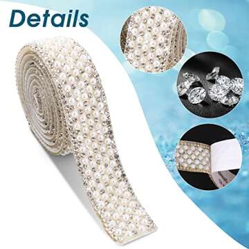 DSLSQD 3 Rolls Pearl Ribbon Self Adhesive Pearl Rhinestone Ribbon Pearl Stickers Crystal Pearl Strips Rhinestone Strips Pearl Trim for Crafts DIY Wedding Birthday Party Phone Shoes Decoration
