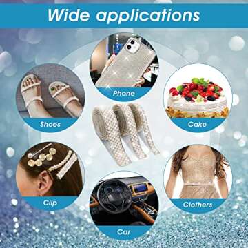 DSLSQD 3 Rolls Pearl Ribbon Self Adhesive Pearl Rhinestone Ribbon Pearl Stickers Crystal Pearl Strips Rhinestone Strips Pearl Trim for Crafts DIY Wedding Birthday Party Phone Shoes Decoration