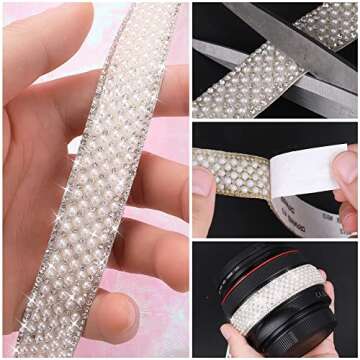DSLSQD 3 Rolls Pearl Ribbon Self Adhesive Pearl Rhinestone Ribbon Pearl Stickers Crystal Pearl Strips Rhinestone Strips Pearl Trim for Crafts DIY Wedding Birthday Party Phone Shoes Decoration