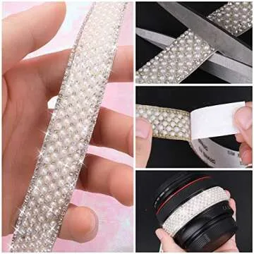 DSLSQD 3 Rolls Pearl Ribbon Self Adhesive Pearl Rhinestone Ribbon Pearl Stickers Crystal Pearl Strips Rhinestone Strips Pearl Trim for Crafts DIY Wedding Birthday Party Phone Shoes Decoration