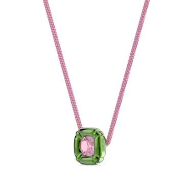 Swarovski Dulcis Necklace, Single Pink Crystal in a Bright Green Setting on a Braided Cord, part of the Dulcis Collection