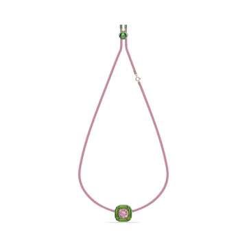 Swarovski Dulcis Necklace, Single Pink Crystal in a Bright Green Setting on a Braided Cord, part of the Dulcis Collection