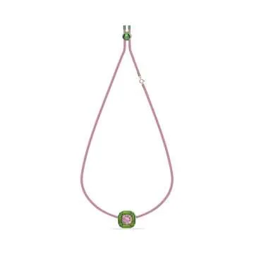Swarovski Dulcis Necklace, Single Pink Crystal in a Bright Green Setting on a Braided Cord, part of the Dulcis Collection