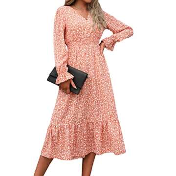 PRETTYGARDEN Long Sleeve Dress for Women, Pleated Maxi Dress V Neck Boho Floral Print Fall Long Dresses (Pink, Small)
