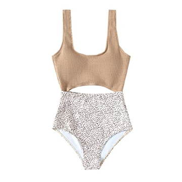 Floerns Women's High Waisted Cut Out Monokini One Piece Swimsuit - Chic Dalmatian Print in Khaki M