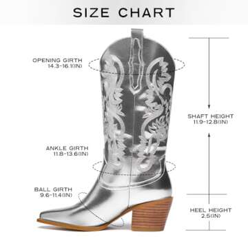 GOSERCE Silver Cowboy Boots for Women Metaliic - Mid Calf Cowgirl Boots with Embroidery Sparkly West...