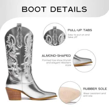GOSERCE Silver Cowboy Boots for Women Metaliic - Mid Calf Cowgirl Boots with Embroidery Sparkly Western Boots for Ladies Fahsion Classic Pull on Pointy Toe Chunky Stacked Heel 2.5" Silver,6