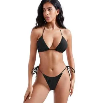 MOSHENGQI Women Sexy Brazilian Bikini 2 Piece Spaghetti Strap Top Thong Swimsuit Bathing Suit(M,0Solid Black)