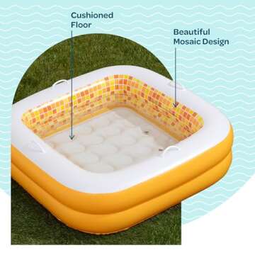 GRIP A POOL Baby Pool with Cushioned Floor, Handles and Drain - Skin Safe Small Square Inflatable Kiddie Pool, Mini Bathtub and Ball Pit for Babies, Infants & Toddlers 1-3, 34" Orange Burst