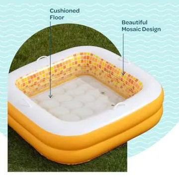 GRIP A POOL Baby Pool with Cushioned Floor, Handles and Drain - Skin Safe Small Square Inflatable Kiddie Pool, Mini Bathtub and Ball Pit for Babies, Infants & Toddlers 1-3, 34" Orange Burst