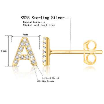 Letter A Earrings, 14K Gold Plated Initial Earrings for Teens Girls, Gifts for Girls Jewelry Cubic Z...