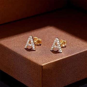 Letter A Earrings, 14K Gold Plated Initial Earrings for Teens Girls, Gifts for Girls Jewelry Cubic Zirconia Letter Earrings Monogram Pierced Earrings for Women Fashion Initial Letter Stud Earrings