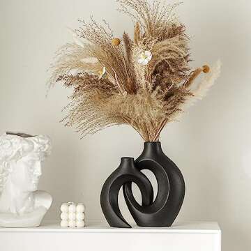 Lvases Snuggle Hollow Modern Ceramic Vase Set of 2, Mid Century Nordic Aesthetic Decorative Vase Decorative Vases for Home Table Decor (Matte Black W 6.3" X H 8.4")