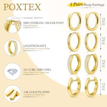 Poxtex Small Gold Huggie Hoop Earrings Set for Women Men Hypoallergenic 14K Gold Plated Stack Cartilage Earrings Sets for Multiple Piercing Lightweight Mini Thin Cute Dainty Trendy Clip On Jewelry Gifts