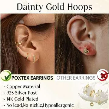 Poxtex Small Gold Huggie Hoop Earrings Set for Women Men Hypoallergenic 14K Gold Plated Stack Cartilage Earrings Sets for Multiple Piercing Lightweight Mini Thin Cute Dainty Trendy Clip On Jewelry Gifts