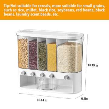Conworld Dry Food Dispenser, Wall mounted 5 Grid Grain Dispenser, Rice Dispenser 25 Pounds Kitchen Storage with Measuring Cup, Not Suitable for Cereal, Cashews, Trail Mix, Suitable for Rice, Beans