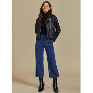 luvamia Jeans for Women Pull On High Waisted Cropped Jeans Denim Pants Stretchy Classic Blue Jeans for Women Trendy Womens Capri Jeans Wide Leg Denim Pants for Women Size X-Large Fits Size 16 Size 18