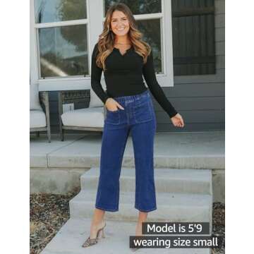luvamia Jeans for Women Pull On High Waisted Cropped Jeans Denim Pants Stretchy Classic Blue Jeans for Women Trendy Womens Capri Jeans Wide Leg Denim Pants for Women Size X-Large Fits Size 16 Size 18