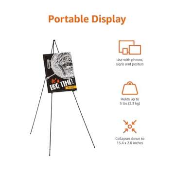 Amazon Basics Easel Display Stand, Instant Floor Poster, Lightweight, Collapsible and Portable with Tripod Base, Black Steel (supports 5 pounds)