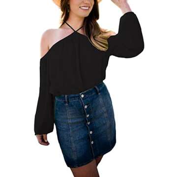 Vemvan Womens Off The Shoulder Blouse Spaghetti Halter Long Sleeve Shirt Sexy Tops Black
