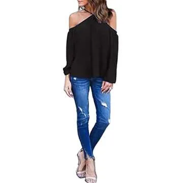 Vemvan Womens Off The Shoulder Blouse Spaghetti Halter Long Sleeve Shirt Sexy Tops Black