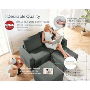 LINSY HOME Modular Sectional Sofa, Convertible Couch with Storage, Memory Foam, Set Ottomans, Small Loveseat Sofa Chaise for Space, Living Room, Dark Gray, (S900-B11-22)