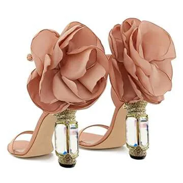 FSJ Women Flower Crystal Chunky Block High Heel Ankle Strap Sandals Open Toe Fashion Dress Evening Party Shoes Size 12 Nude