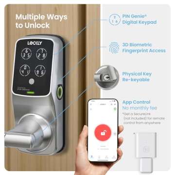 Lockly Secure Plus Bluetooth Smart Door Lock, Keyless Entry with PIN Genie® Digital Keypad, 3D Biometric Fingerprint Sensor Front Door Lock with Handle, Voice Control & Auto Lock - Latch Edition