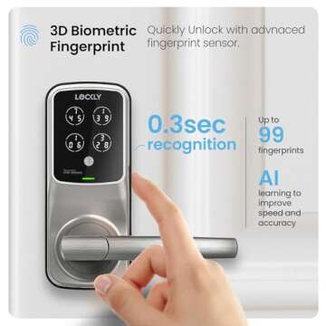 Lockly Secure Plus Bluetooth Smart Door Lock, Keyless Entry with PIN Genie® Digital Keypad, 3D Biometric Fingerprint Sensor Front Door Lock with Handle, Voice Control & Auto Lock - Latch Edition
