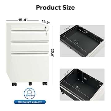 DEVAISE 3-Drawer Mobile File Cabinet with Lock, 19.7" Depth, Legal/Letter Size, White