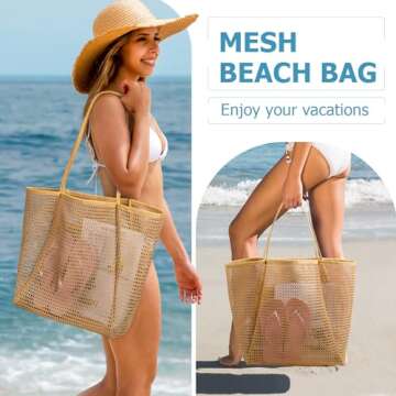 Iioscre Mesh Beach Tote Bags for Womens, Causal Beach Hobo Bags for Beach Swimming Pools Vacations Beach Essentials