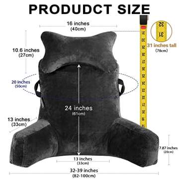 Reading Pillow-Extra Large 31" Bed Rest Pillow with Detachable Neck Roll & Arms for Sitting in Bed or Couch-Backrest Reading Pillow Adult Back Pillows for Reading,Watching TV,Gaming,Relaxing-Black