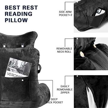 Reading Pillow-Extra Large 31" Bed Rest Pillow with Detachable Neck Roll & Arms for Sitting in Bed or Couch-Backrest Reading Pillow Adult Back Pillows for Reading,Watching TV,Gaming,Relaxing-Black