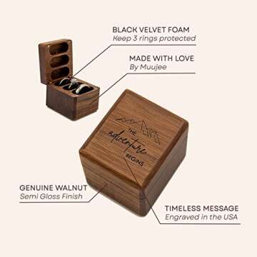 MUUJEE Engraved 3 Slot Wood Ring Box - 2.25 x 2 x 2 The Adventure Begins with Mountain - Rings Case ...
