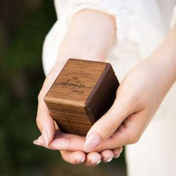 MUUJEE Engraved 3 Slot Wood Ring Box - 2.25 x 2 x 2 The Adventure Begins with Mountain - Rings Case in Brown Walnut Jewelry Holder for Womens Men Engagement Anniversary Couples Wedding and Bearer Box