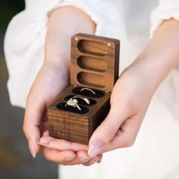 MUUJEE Engraved 3 Slot Wood Ring Box - 2.25 x 2 x 2 The Adventure Begins with Mountain - Rings Case in Brown Walnut Jewelry Holder for Womens Men Engagement Anniversary Couples Wedding and Bearer Box