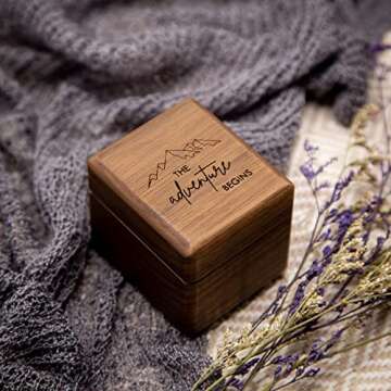 MUUJEE Engraved 3 Slot Wood Ring Box - 2.25 x 2 x 2 The Adventure Begins with Mountain - Rings Case in Brown Walnut Jewelry Holder for Womens Men Engagement Anniversary Couples Wedding and Bearer Box