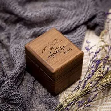 MUUJEE Engraved 3 Slot Wood Ring Box - 2.25 x 2 x 2 The Adventure Begins with Mountain - Rings Case in Brown Walnut Jewelry Holder for Womens Men Engagement Anniversary Couples Wedding and Bearer Box