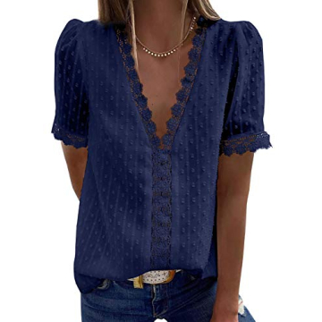 Dokotoo Women's 2024 Summer Lace Crochet V Neck Top - Casual Boho Blouse in Blue L