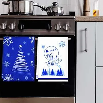 Christmas Kitchen Towels Snowflake Xmas Tree Dish Towels Let It Snow Decoration Winter Holiday Blue White Absorbent Dishcloths Home Kitchen Farmhouse Decor for Cooking Baking Cleaning Set of 4