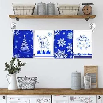 Christmas Kitchen Towels Snowflake Xmas Tree Dish Towels Let It Snow Decoration Winter Holiday Blue White Absorbent Dishcloths Home Kitchen Farmhouse Decor for Cooking Baking Cleaning Set of 4