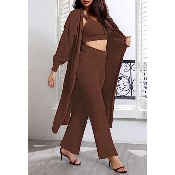 TOLENY Fuzzy Fleece 3 Piece Lounge Sets for Women Open Front Cardigan Crop Top Wide Leg Pants Tracksuit Outfits Sets Chocolate S