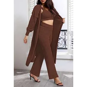 TOLENY Fuzzy Fleece 3 Piece Lounge Sets for Women Open Front Cardigan Crop Top Wide Leg Pants Tracksuit Outfits Sets Chocolate S