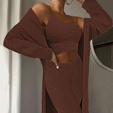TOLENY Fuzzy Fleece 3 Piece Lounge Sets for Women Open Front Cardigan Crop Top Wide Leg Pants Tracksuit Outfits Sets Chocolate S
