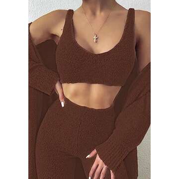 TOLENY Fuzzy Fleece 3 Piece Lounge Sets for Women Open Front Cardigan Crop Top Wide Leg Pants Tracksuit Outfits Sets Chocolate S