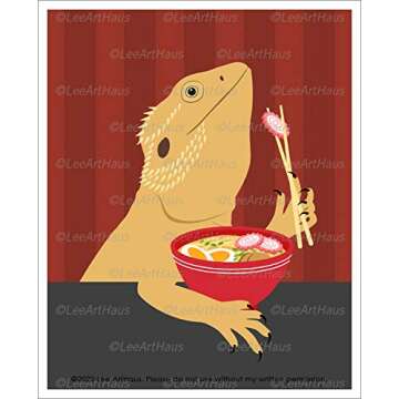 20R - Bearded Dragon Eating Ramen Noodles UNFRAMED Wall Art Print by Lee ArtHaus