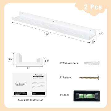 Fun Memories Picture Ledge Shelf for Wall, 36 inch Pine Wood Nursery Book Shelves Set of 2- Wall Book Shelves for Kids Room, Home Decor - Kitchen Spice-White